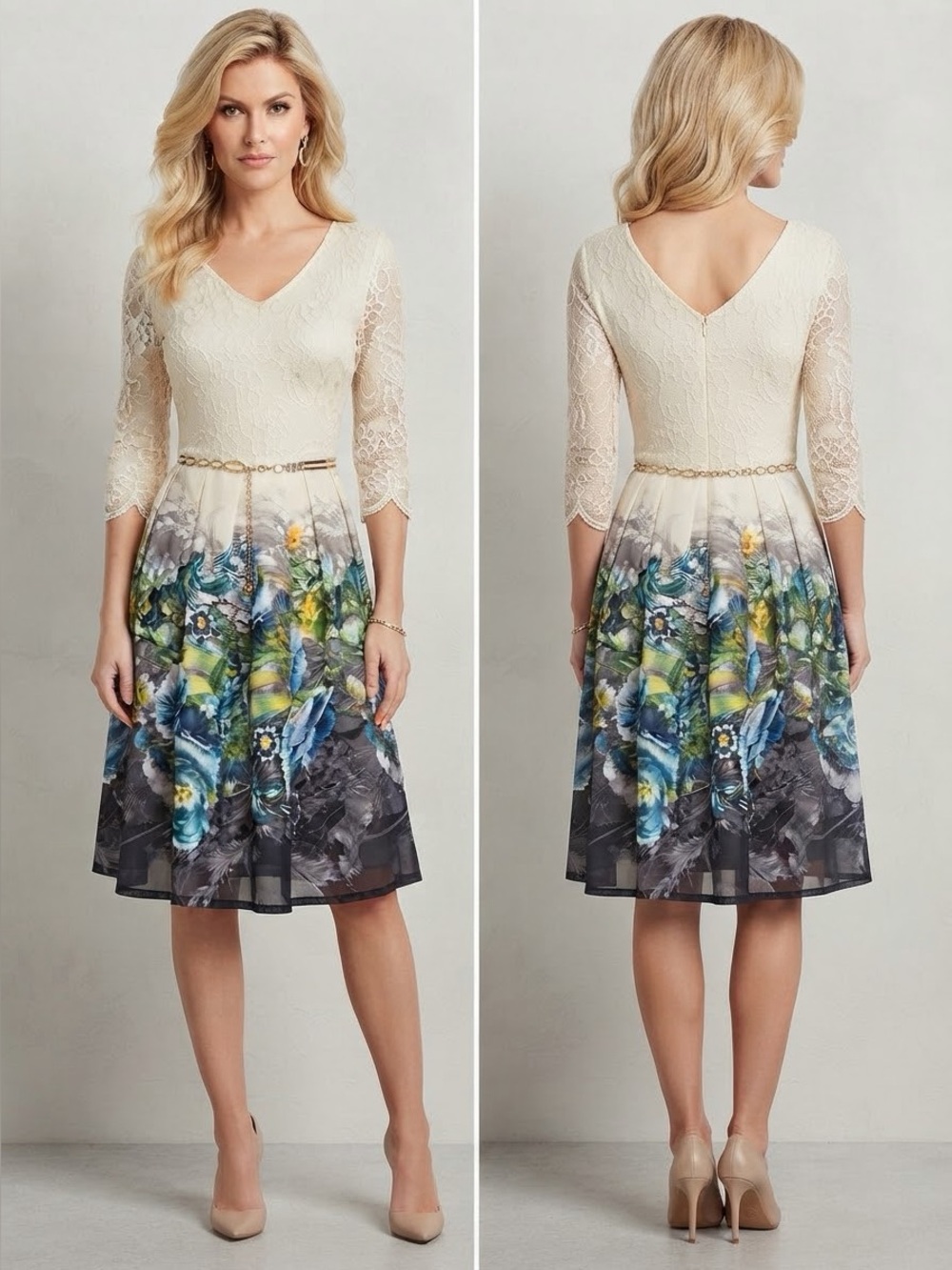 Knee-Length Elegant Dress Lace Bodice/Floral‎ Print Chiffon Pleated Skirt Belted